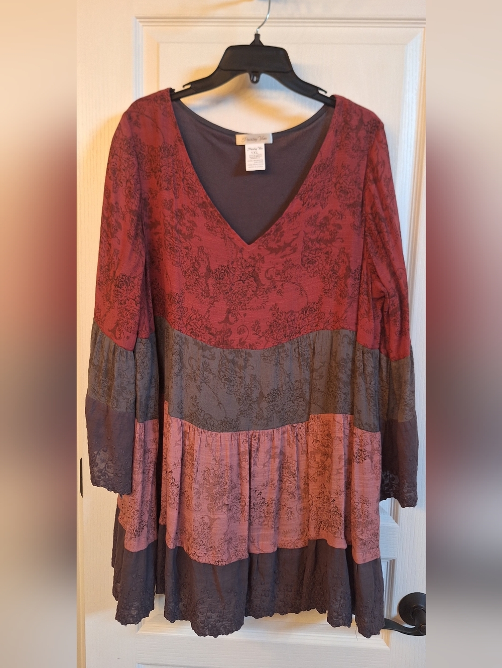 Boho Tiered V-Neck Midi Dress in Burgundy and Gray